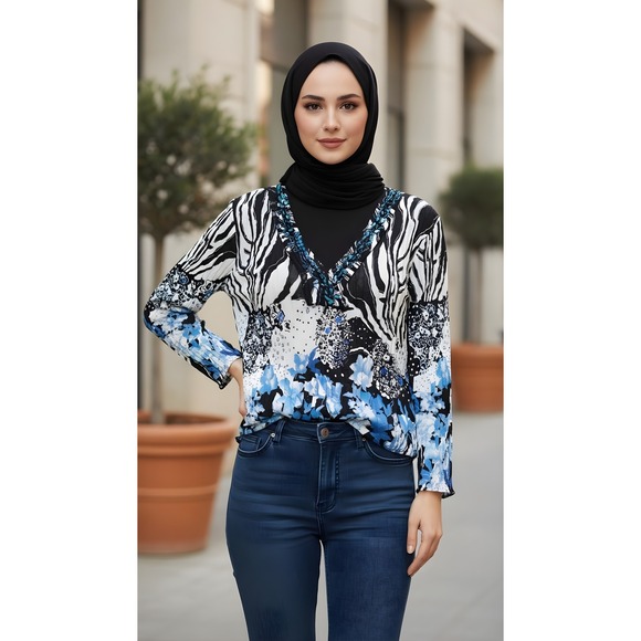 Alberto Makali Zebra Floral Print Crinkle Top Blouse Sheer XL Long Sleeve - Picture 1 of 10